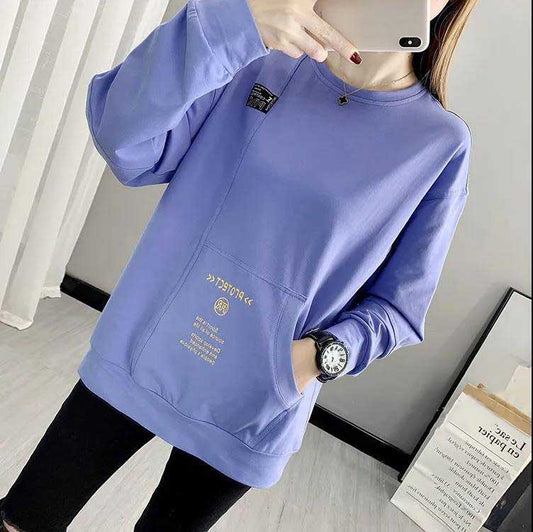 Spring and Summer Large Size Loose Pocket Sweater Women's Bottoming Casual Long-sleeved T-shirt Top