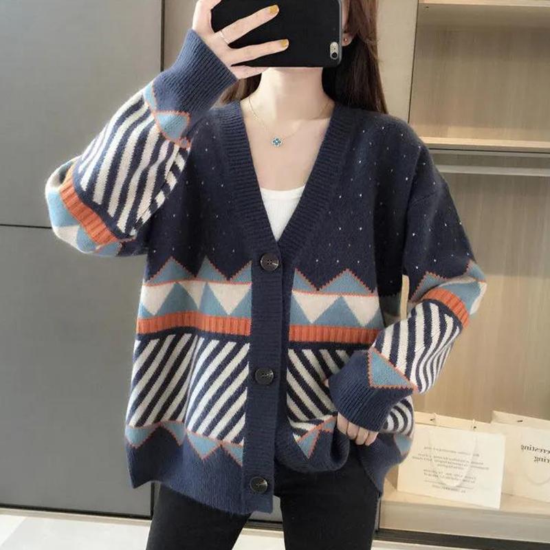 2021 Spring and Autumn Sweater Cardigan Jacket Women's Knitwear Loose Outer Wear Color Blocking V-neck Top