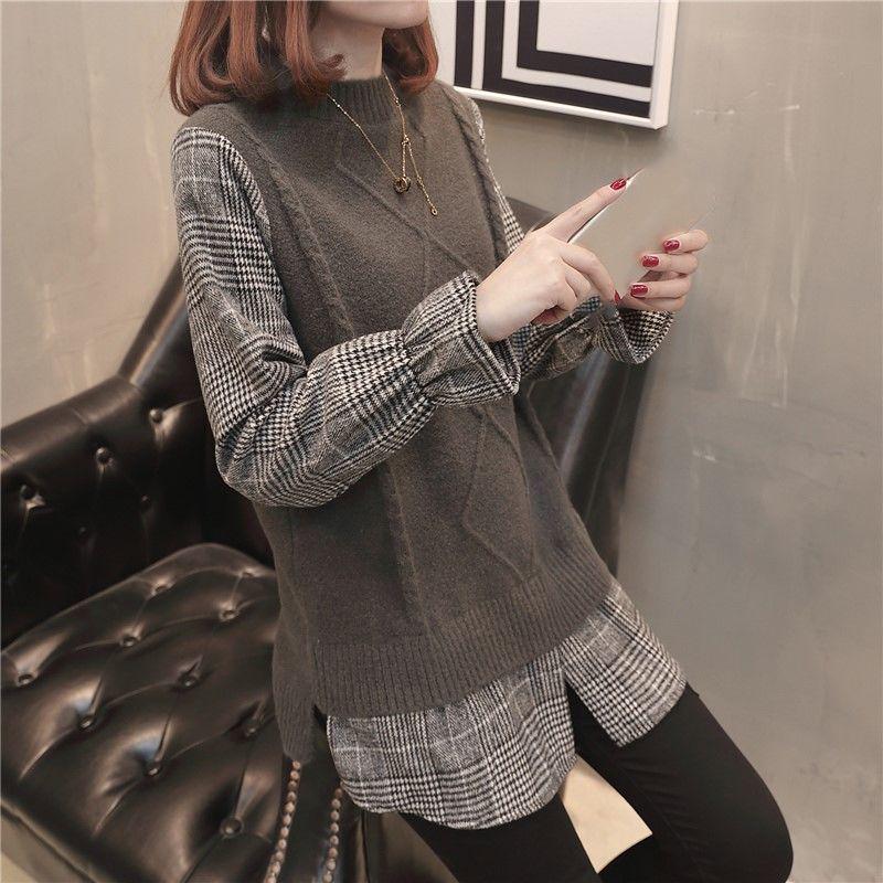 Pofulove Fake Two Sweater Blouse Winter Stitching Loose Lattice Flared Sleeve Pullover Sweater