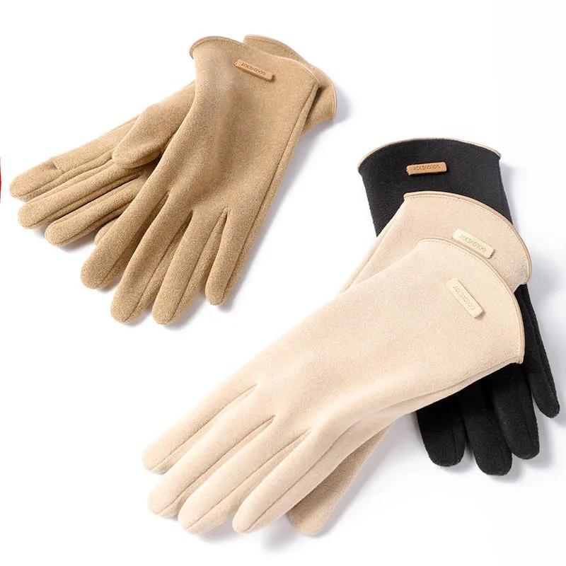 Women's Winter Warm Gloves Velvet Cold-proof Show Two-finger Thumb Index Fingers Simple Solid Touch Screen Office Typing Velvet Self-heating Mittens