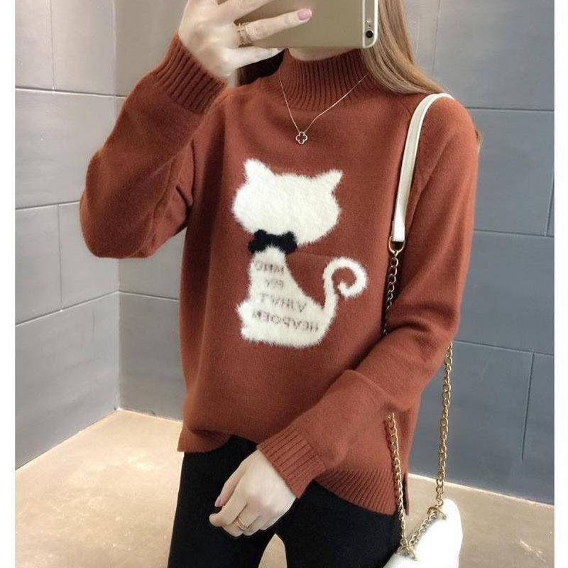 Autumn and Winter Thick Sweater Fashion Loose Knit Top Half High Collar Youth Female Jacket