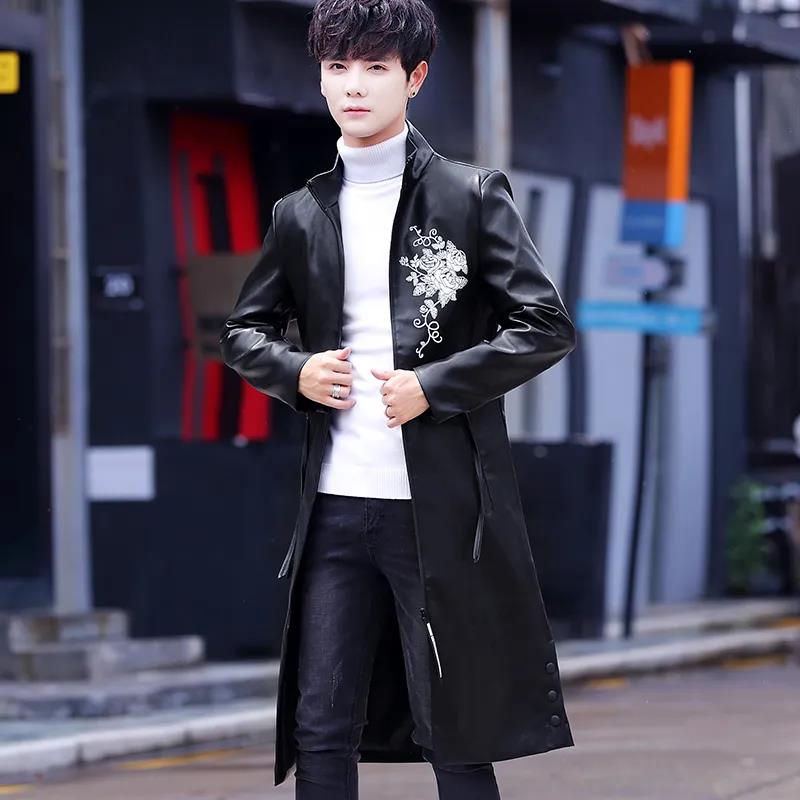 Men Leather Windbreaker Embroidered Floral Coat Stand Collar Casual Slim Jacket Trend Comfortable Parka Long