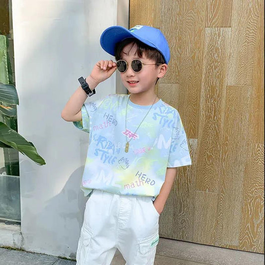 Boys and Girls Short-sleeved T-shirt Tie-dye Summer Big Boys Half-sleeved Bottoming Shirt Handsome Tops Children