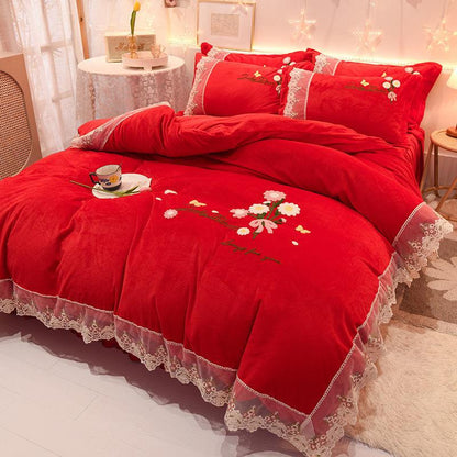 Thicken Plus Velvet Warm Coral Velvet Solid Color Fleece Bedding Princess Style High-grade Milk Velvet Four-piece Crystal Velvet