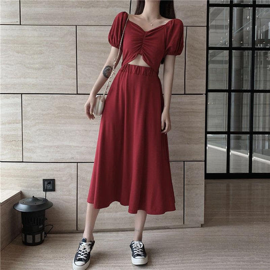 Women's Simple Retro Elegant Pleated High Waist Thin Solid Open Belly V-neck Mid Length Dress