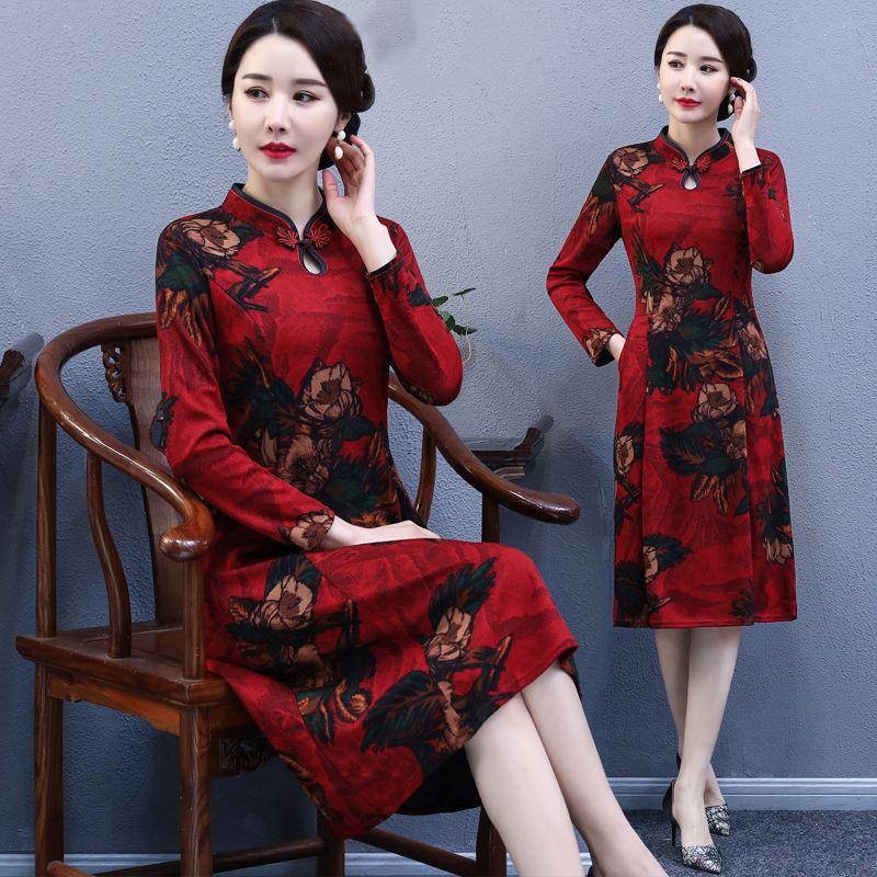 Women's Mid-skirt Chinese Style Long Cheongsam Dresses Retro Knee-length Skirt Summer Slimming Dress Dinner Dresses