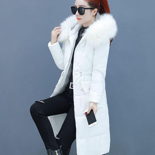 Winter Down Jacket Korean Style Waist Slim Mid-length Padded Jacket Thickened Large Fur Collar Women's Down Jacket