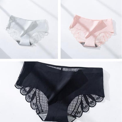 Lace Panties Women's Ice Silk Thin Cotton Crotch Antibacterial Seamless Mid-waist Large Size Women's Briefs