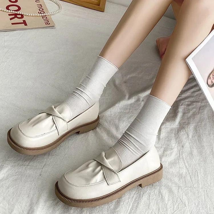 Female Retro British Style Black Leather Shoes Girls Spring Autumn Summer Flat Slip-on Single Shoes Casual Mother Home Shoes