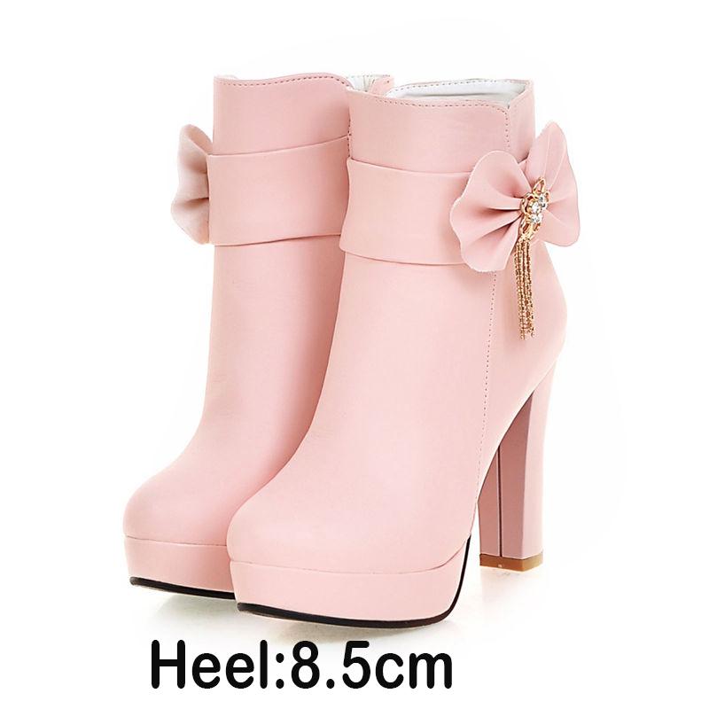 Sweet Ladies Booties Rhinestone Bow Side Zipper High Heel Ankle Boots Female Winter Plush Boots