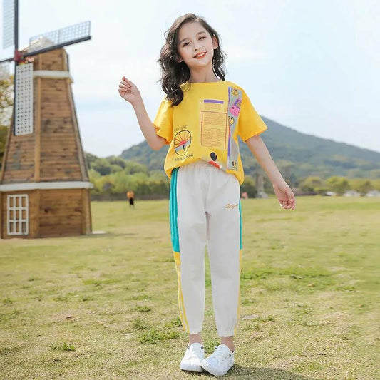 Girls Summer Leisure Suit Printed Short Sleeves + Pants Loose Comfortable Sweat-absorbent Children's Sports Two-piece Set