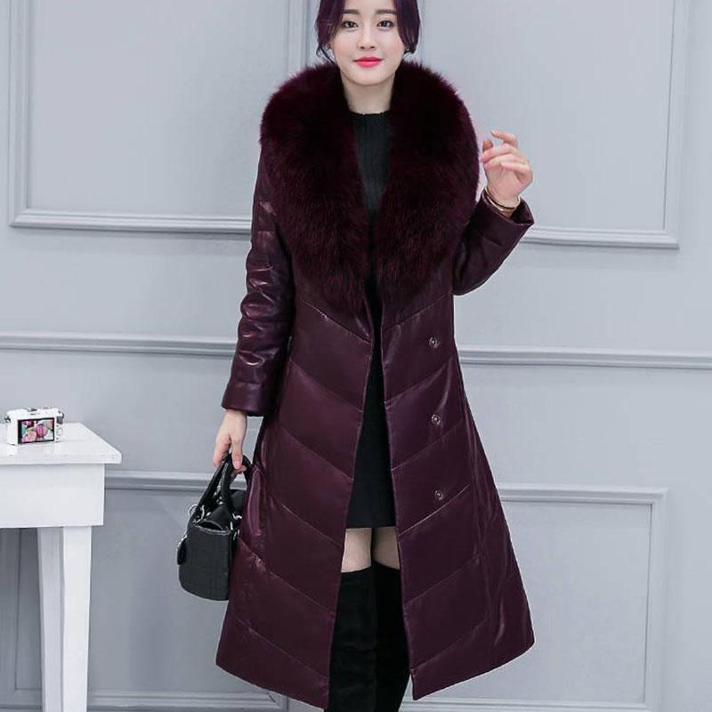 Winter PU Leather Female Imitation Fox Fur Collar Cotton Jacket In The Long Section Slim Padded Jacket Fashion Casual Women Leather Jacket