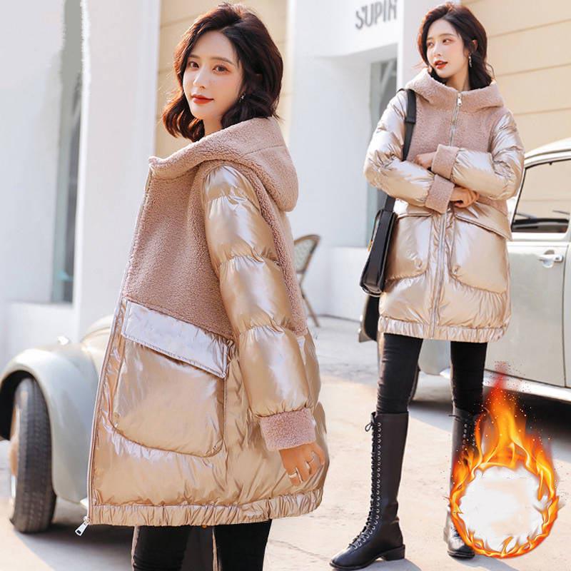 Autumn Winter Mid-length Down Jacket and Stitching Lamb Cotton Coat Women