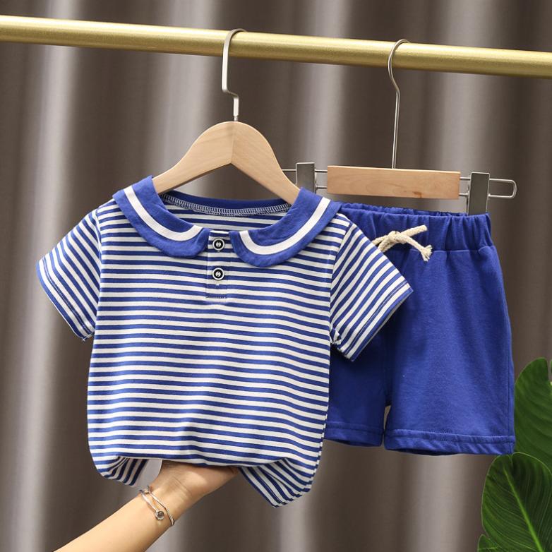 Summer Korean Short Sleeve Children's Suit Boys' and Girls' 0-4-year-old Turn-down Neck Striped T-shirt Shorts Two-piece Children's Suit