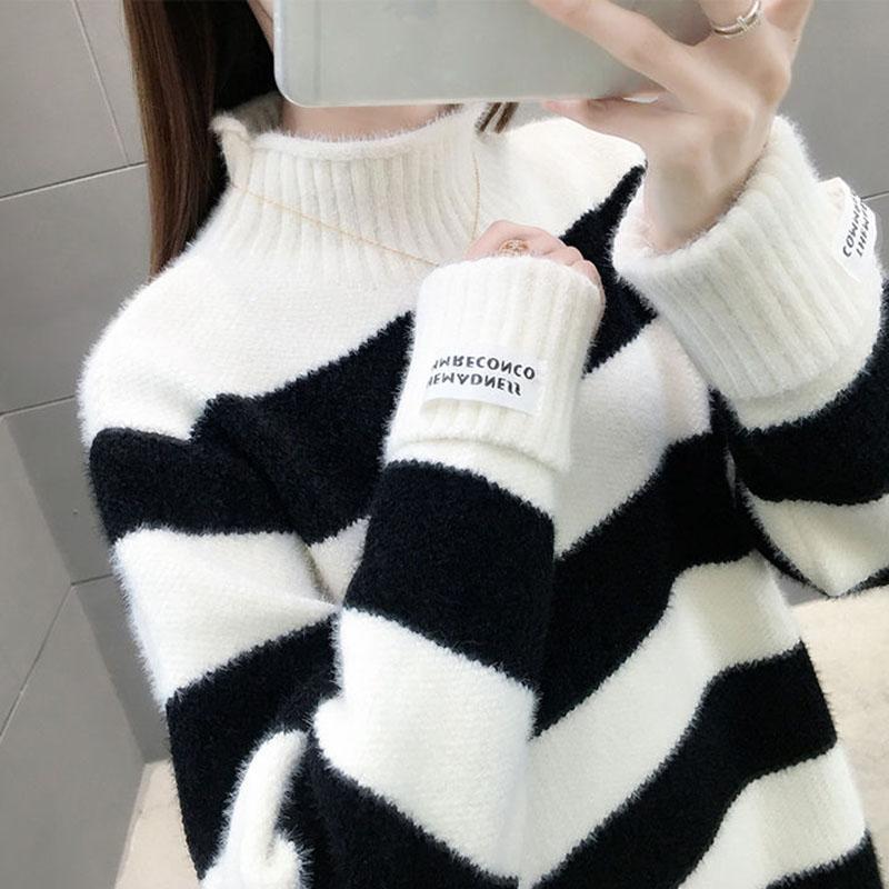 Autumn and Winter Mohair Sweater Skirt Mid-length Plus Velvet Thick Bottoming Shirt Loose Striped Women's Dress