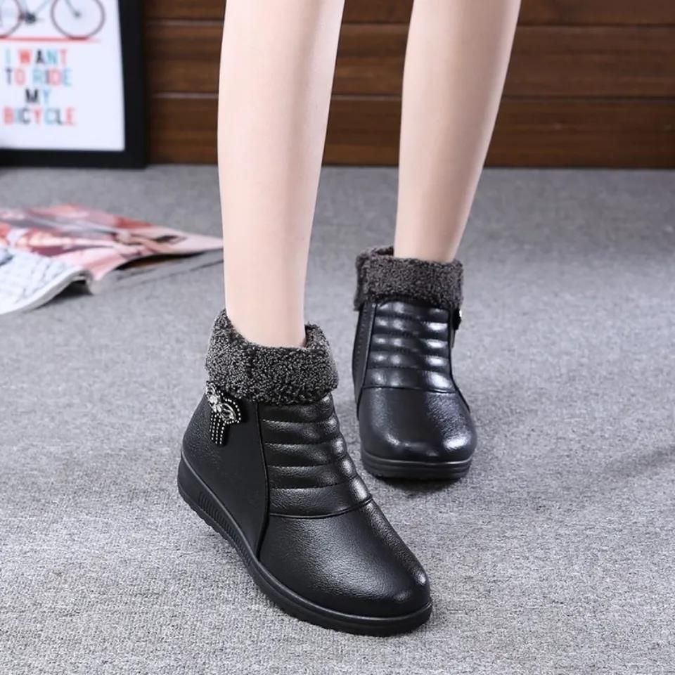 Plus Fleece Autumn and Winter Warm Short-tube Cotton Boots Waterproof Non-slip Thick-soled Women's Cotton Shoes