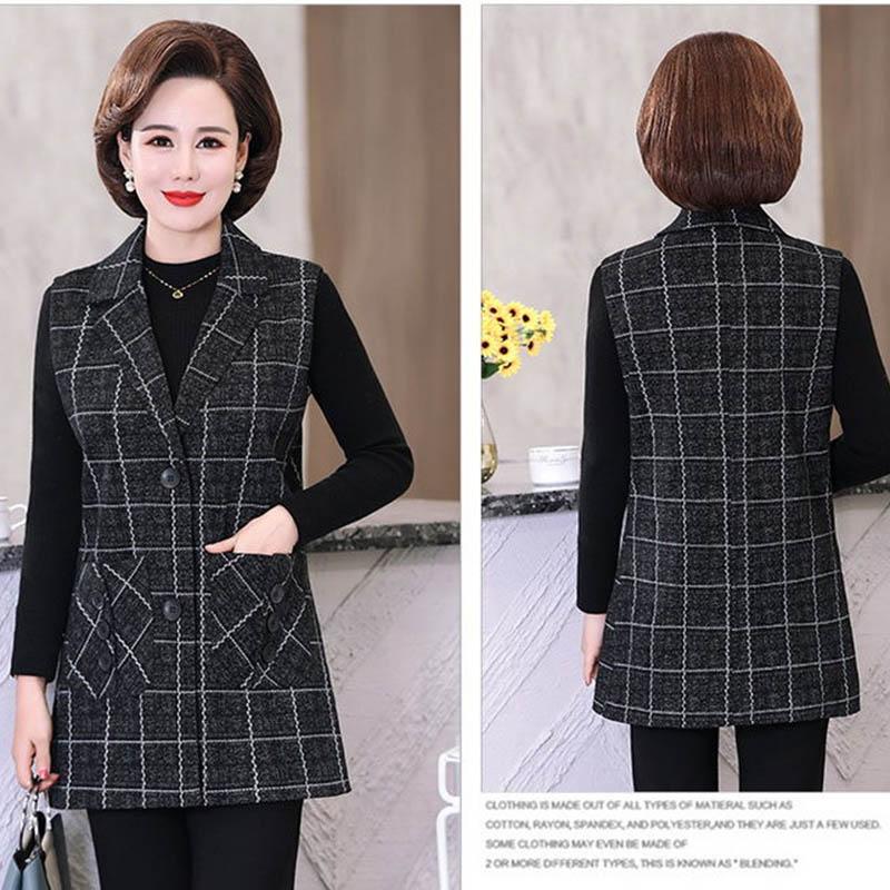 Mom's Autumn Vest Jacket Mid-length Plaid Waistcoat Middle-aged and Elderly Women's Spring and Autumn Woolen Vest