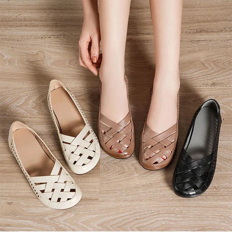 Genuine Soft Leather Mother Shoes Beef Tendon Bottom Ladies Sandals Comfortable Non-slip Single Shoes Flat Bottom Middle-aged and Elderly Hole Shoes