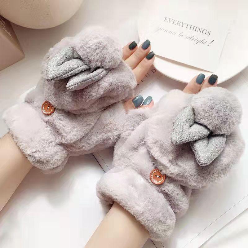 Cute Girl Gloves Winter Korean Version of Student Cute Rabbit Flip Open Finger Plush Plus Velvet Gloves