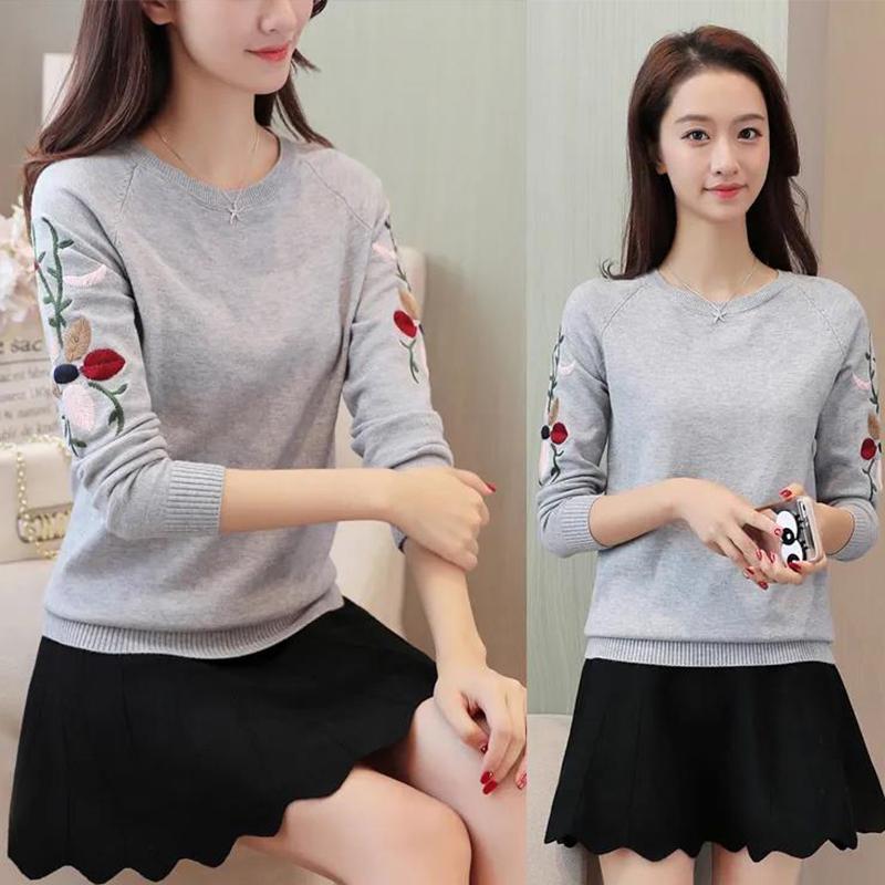 Knit Sweater Women Autumn Embroidered Knitted Bottoming Shirt Wild Round Neck Long-sleeved Sweater Women