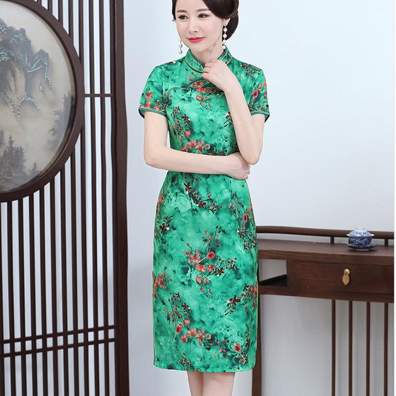 Cheongsam Female Summer Improved Cheongsam Mother Dress Large Size Silk Mid-length Short-sleeved Cheongsam Dress