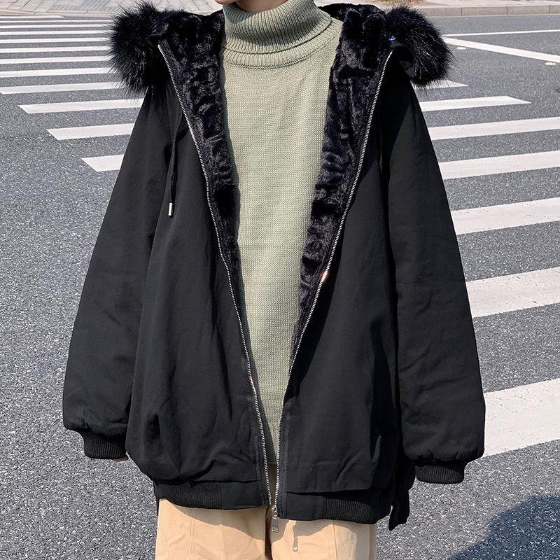 Winter Men's Big Fur Collar Hooded Cotton-padded Jacket Plus Velvet Thickening Korean Version of The Trend of Hong Kong Style Loose Jacket