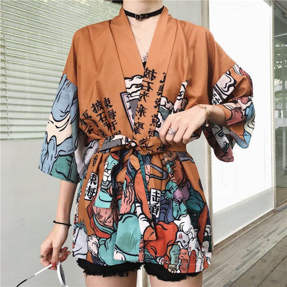 Comic Print  Cardigans Japanese Kimono Cardigan Woman Thin College Streetwear Sunscreen Clothes Kimono Coat