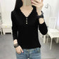 Soft Fabric Buttoned V-neck Long-sleeved Sweater Women's Slim Knit Sweater Women's Comfortable Solid Color Bottoming Shirt