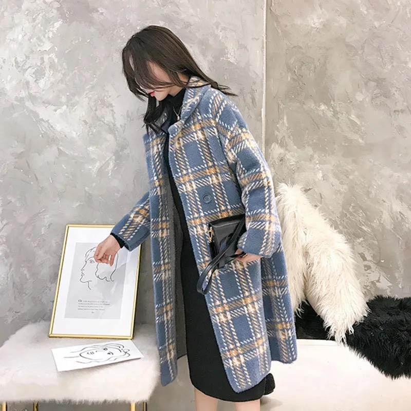 Spring and Autumn Mid-length Plaid Imitation Mink Velvet Coat Women Loose Thick Knit Sweater Coat Women