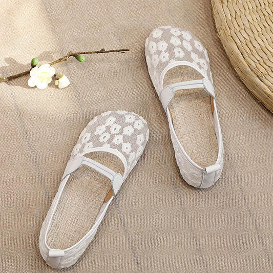 Bowknot Single Shoes Women's Flat Shallow Mouth Cotton and Linen Hollow Mesh Breathable Peas Shoes Women's Moccasin Shoes