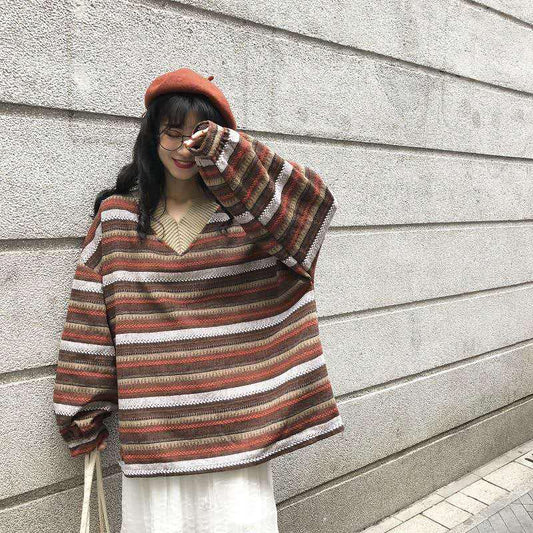 Pofulove Korean Striped Lantern Sleeve Sweater Women Loose Thin Long Sleeve Mid-length Student