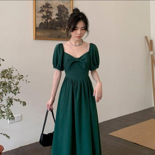 Female Vintage Bubble Short Sleeve V-neck Solid Color High Waist Slim Elegant Summer Holiday Dress