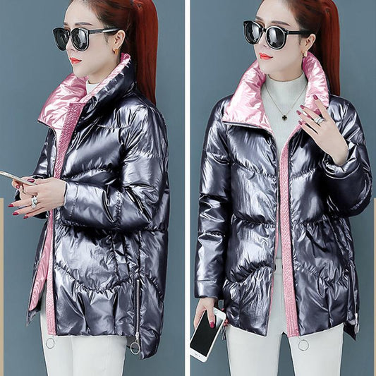 Women's Shiny Mid-length Down Jacket Winter Korean Style Loose Coat Warm Stand-collar Down Jacket