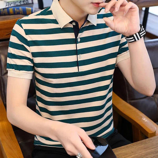 Summer Short-sleeved T-shirt Handsome Striped Lapel Slim Middle-aged Men's Color-blocking Top