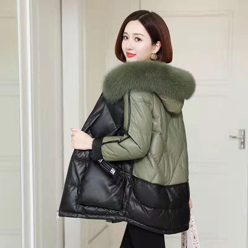 Winter Pu Leather Down Cotton Jacket Women Short Imitation Sheep Leather Fur Coat Imitation Fox Fur Collar Hooded Jacket