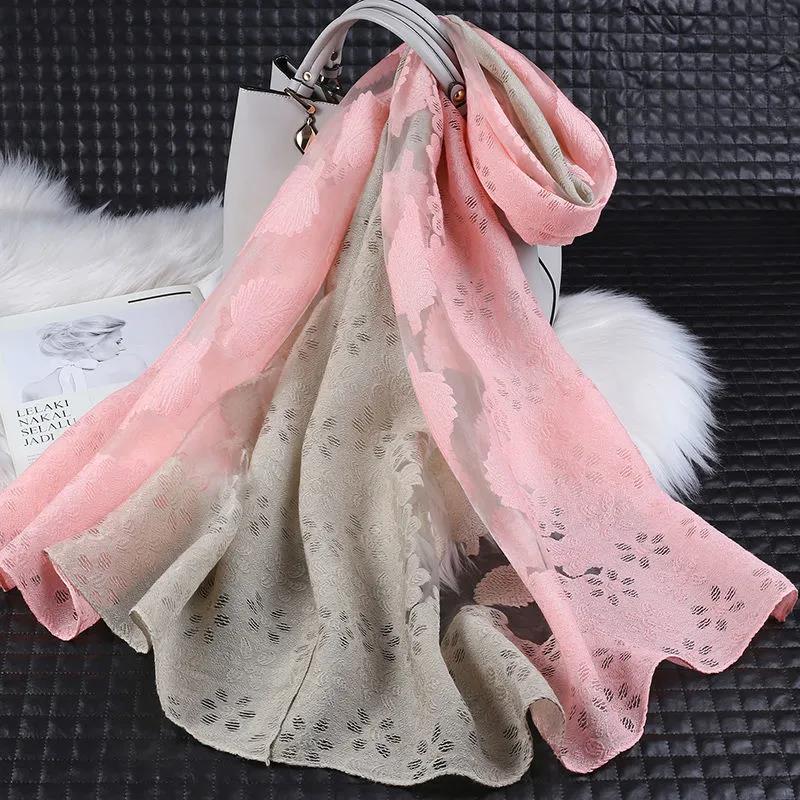 Women's Spring and Summer Two-color Gradient Silk Scarf Hollow Cut Flowers Organza Lace Gauze Scarf Shawl Long 190cm Thin Floral Neckerchief Shawl