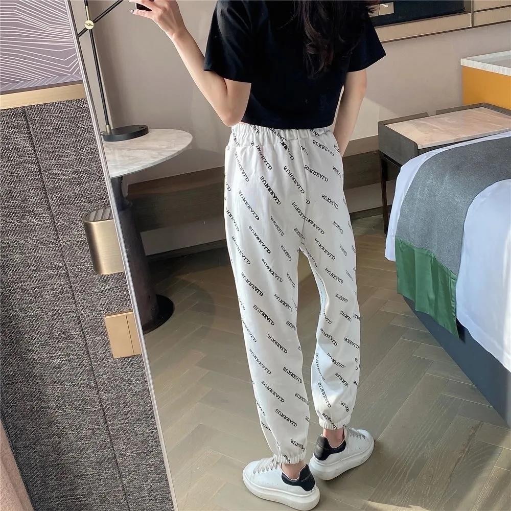 Women Summer Thin Long Pants Vintage Loose Letter Pattern Printed Sport Knickerbockers Versatile Elastic Waist Jogger Pants