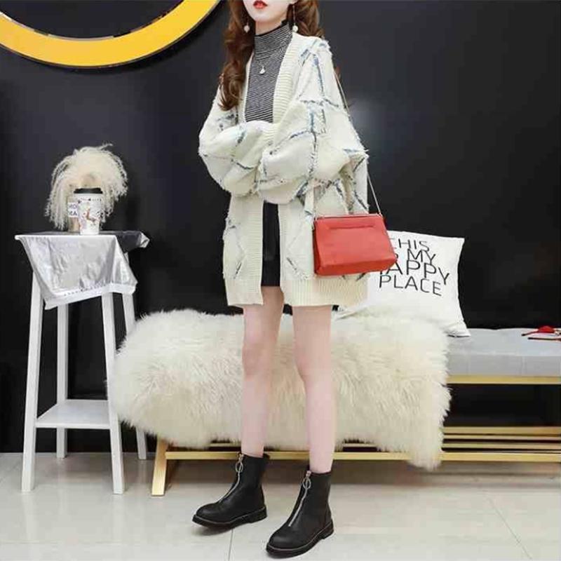 Sweater Jacket Women's Mid-length Loose Knit Cardigan Lazy Style Long-sleeved V-neck Warmth Thick Women's Sweater Jacket