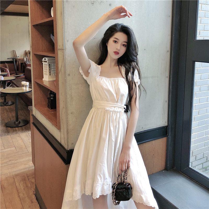 Summer French Retro Square Collar Waist Slim Design Sense White Short-sleeved Dress Women