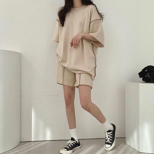 Pure Cotton Solid Color Casual Sportswear Suit Women's Summer Large Size Loose Fashion Women's Short-sleeved T-shirt Shorts Loose Two-piece Set