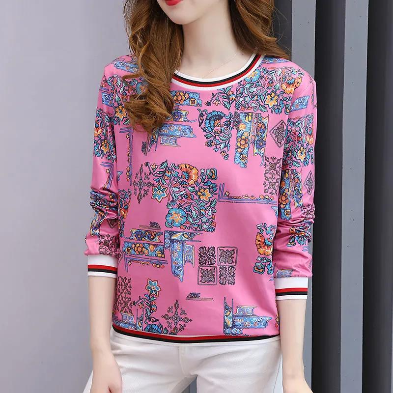 Spring and Autumn Women's Long Sleeve T-Shirt Large Size Loose Round Collar Versatile Tops Female Casual Printed Blouse