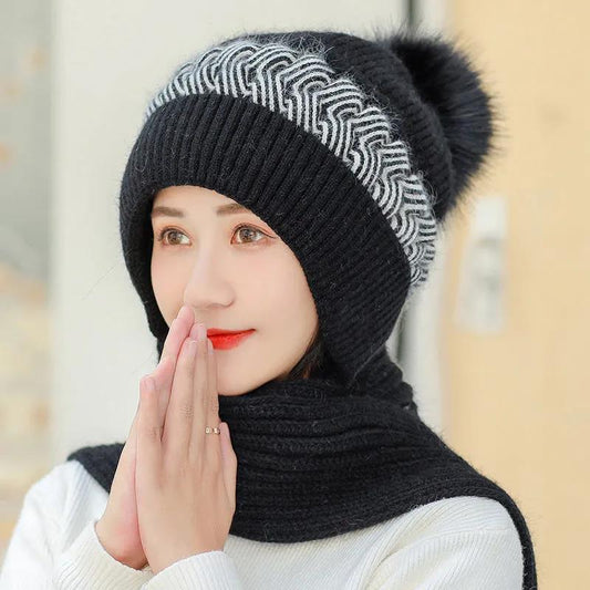 Winter Women's Scarf Hat One-piece Korean Fashion Warm Wool Knitted Hat One-piece Bib Plus Velvet Thick Windproof Bib Hat