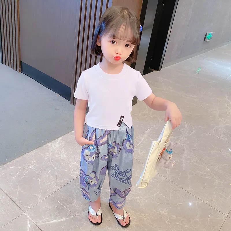 Girls Suit Breathable Summer Dress Short-sleeved Cartoon Print Casual Cute Loose Trousers Two-piece Set