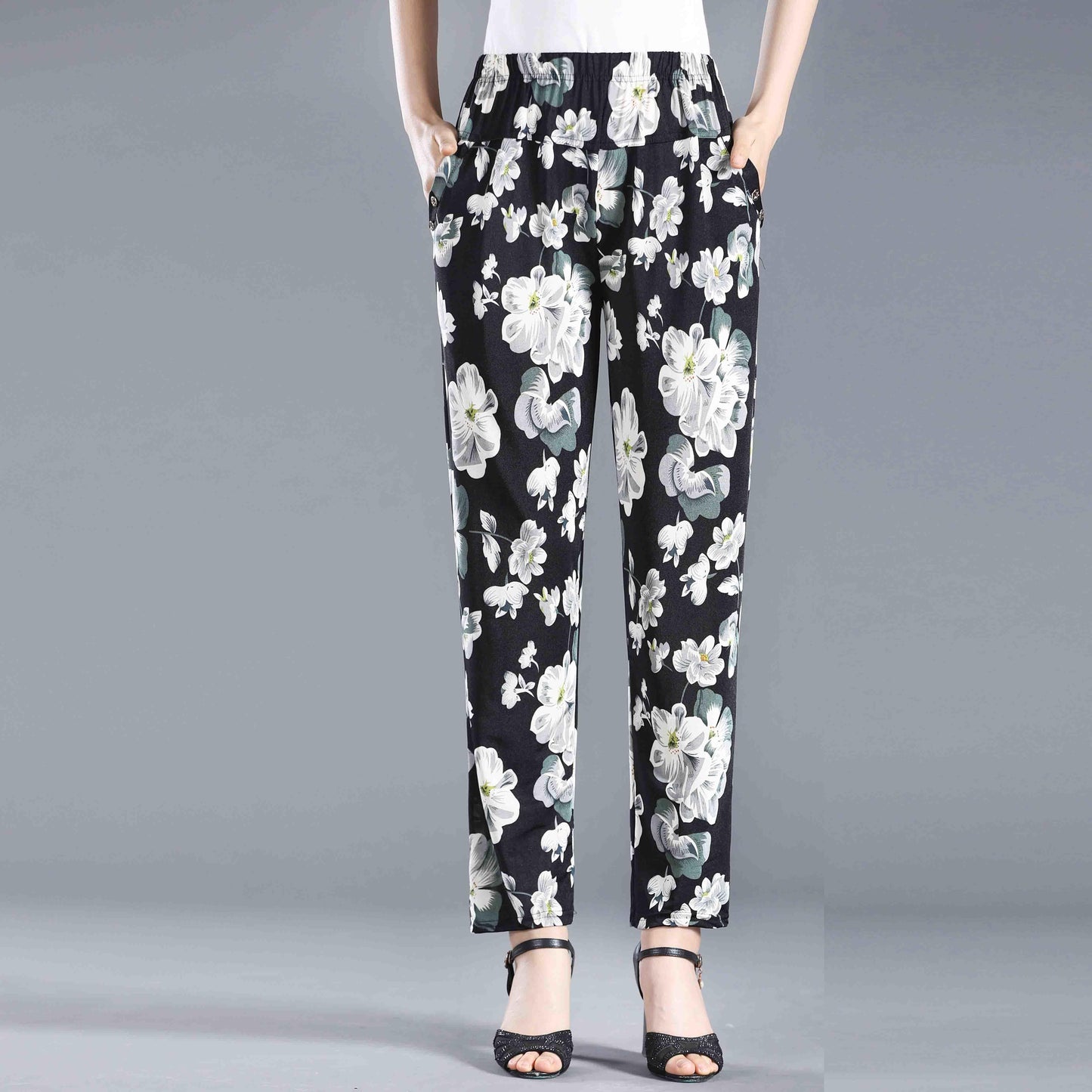 Women's Loose Printed Summer Casual Pants Large Size Straight Pants Thin Breathable Vintage Cropped Pants