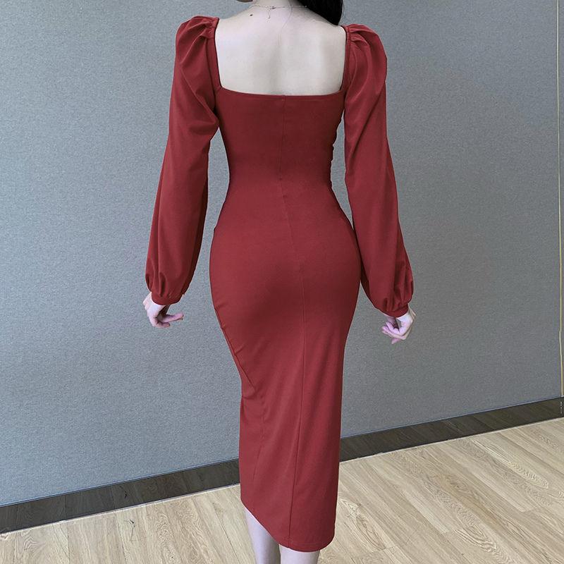 Female Retro Elegant Long Sleeve Court Style Bubble Sleeve Slim and Long Split Graceful Dress