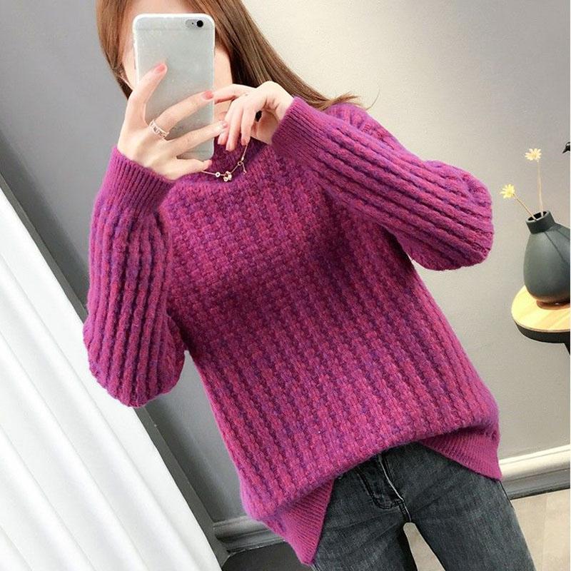 Sweater Women's Half Turtleneck Pullover Knitwear Korean Style Loose Fluffy Trending Sweater Autumn and Winter Purple Sweaters