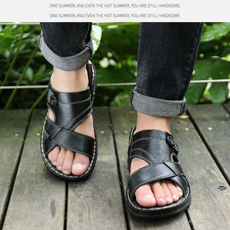 New Summer Top Layer Cowhide Sandals Men's Leather Breathable Beach Shoes Trendy Casual Leather Sandals and Slippers