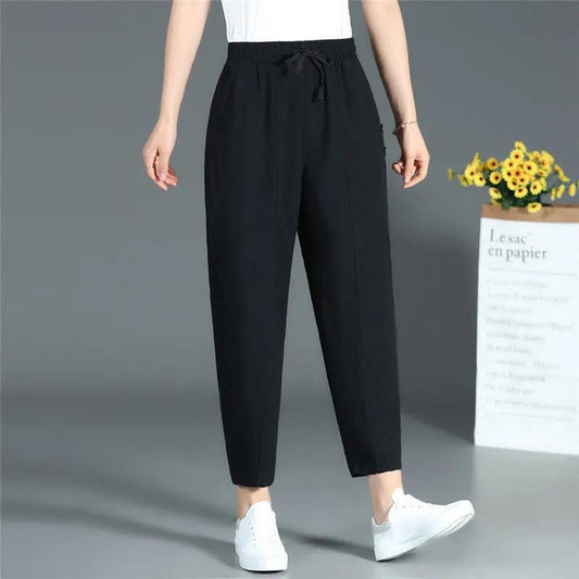 WTEMPO XL-XXXXL Cotton Linen Pants Women Spring and Summer Loose Elastic Waist Solid Color Casual Trousers