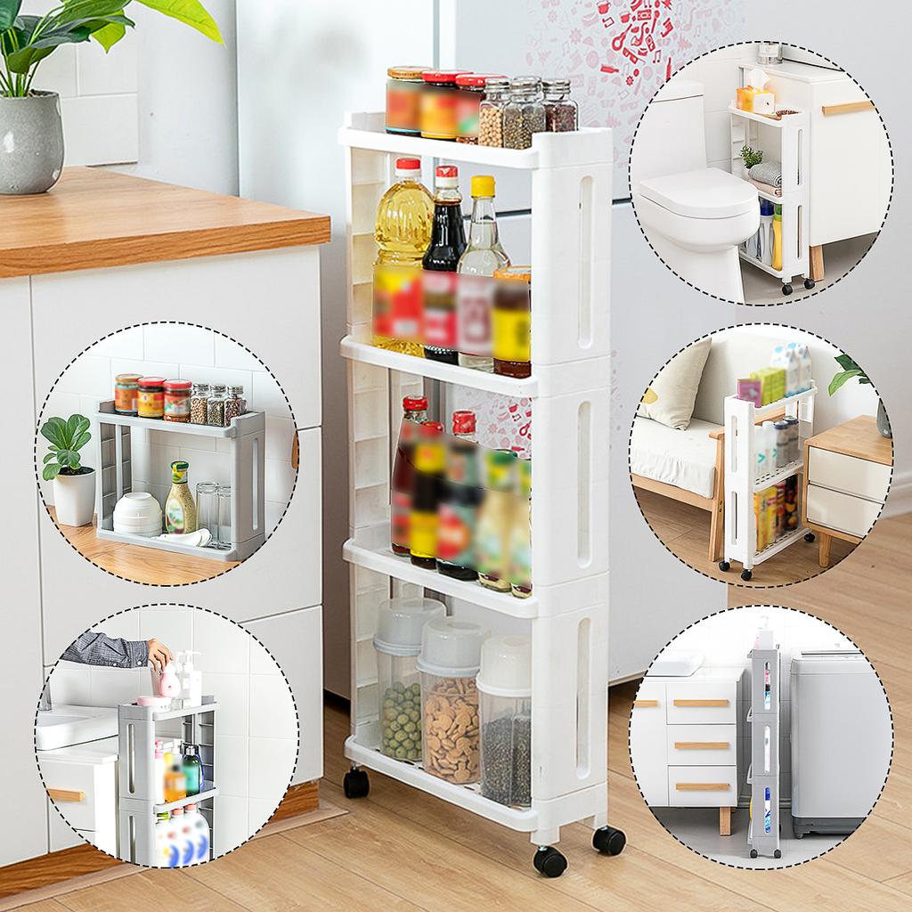 4 Layer Kitchen Storage Rack Fridge Side Shelf Removable with Wheels Bathroom Organizer Holder