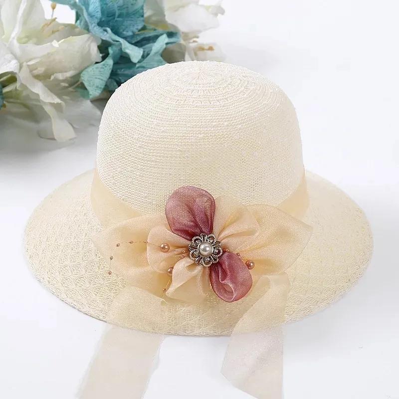 Women's Sun Cap Summer Flower Ribbon Bow Straw Hat Sunscreen Hollow Out Beach Holiday Vacation Anti-UV Hat All-match Sun Hat